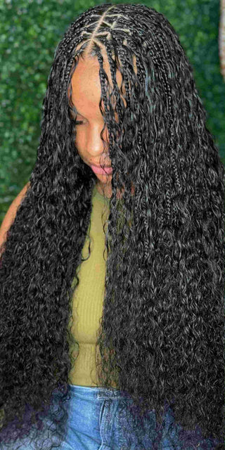 Boho braids with soft waves installed with Fula Beauty Water Curl human braiding hair