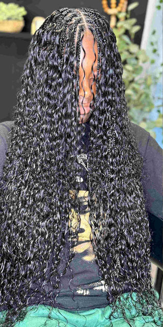 Boho braids install using Fula Beauty 100% human braiding hair, styled for summer heat