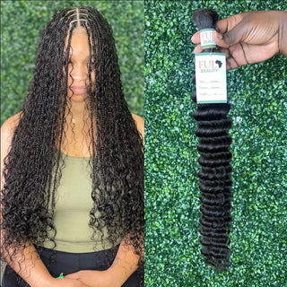 Deep Wave bulk hair bundle with Fula Beauty hangtag and braided install